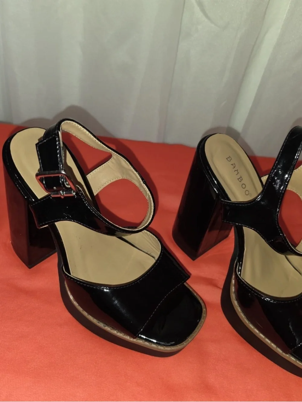 Bamboo Black Patent Platform Block-Heel Sandals